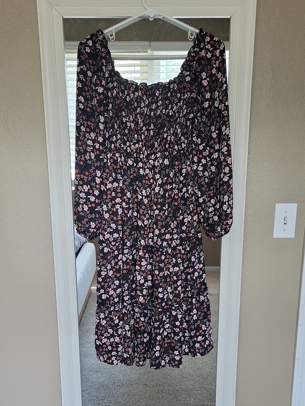 AUW Black Long-Sleeve Floral Tiered Smocked Dress